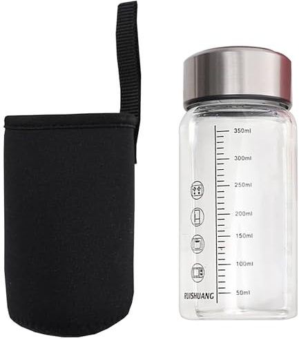 YIGZYCN Bottiglia d'acqua in vetro infrangibile con scala di misurazione da 350 ml resistente agli shock termici per succhi di frutta, tè, caffè, bottiglia di vetro a prova di perdite