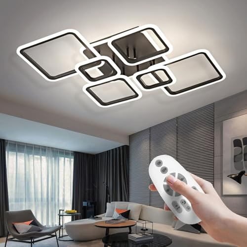 OKELI Moderne LED-Deckenleuchten, Dimmbar, Acryl-Deckenleuchte mit 6+1 quadratischen Ringen, Mit Fernbedienung, Große Schwarze Flush-Mount Deckenleuchte für Schlafzimmer, Wohnzimmer und Esszimmer, 48W