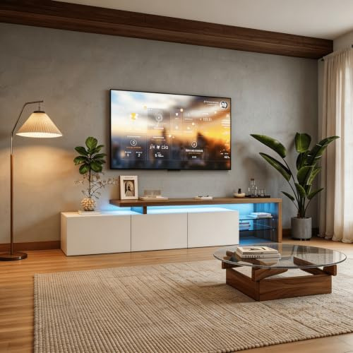 Mueble de TV moderno con 3 puertas de almacenamiento y estantes de cristal LED integrados, iluminación multicolor, ideal para salón o dormitorio (blanco, 200 x 39 x 42 cm)