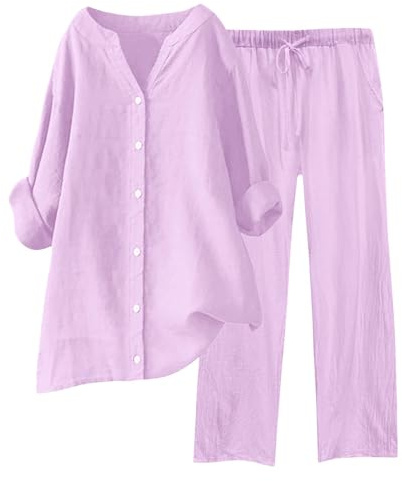VgguDoe Zweiteiler Damen Mintgrün, 3/4-Arm Bluse mit V-Ausschnitt & Knopfleiste, Weite Hose mit Elastbund, 2-Teiliges Leinen Set, Casual Home Wear für Frauen im Sommer