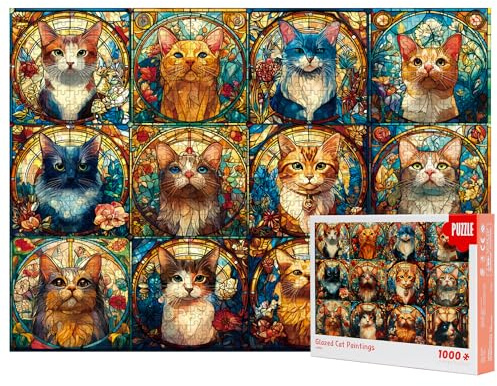 Glazed Cat Painting 1000 Pieces Jigsaw Puzzles for Adults, Stained Glass Cat Portraits with Floral Details, Vibrant Stained Glass Art Jigsaw Puzzle for Animal, for Puzzle Enthusiasts