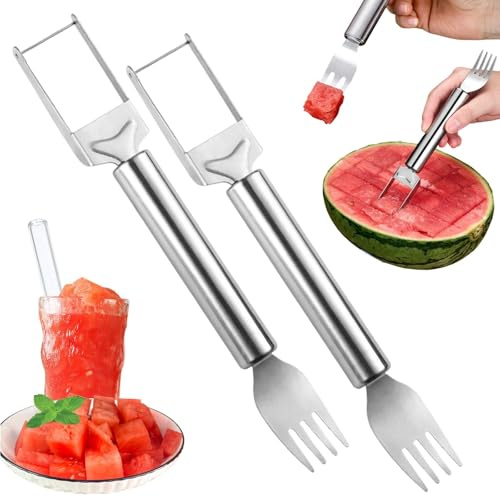 Watermelon Slicer, Fruit Fork Cutter, 2 in 1 Stainless Steel Watermelon Slicer with Fork, Portable Melon Slicing Tool for Home Party Camping BBQ, Kitchen Gadget for Perfect Cubes (Silver)