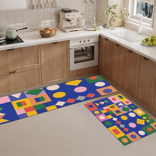 Alfombra De Cocina Mosaico Geométrico Arte Pop 2 Piezas, Cuadrados Contrastantes Alfombrillas De Cocina Lavables Para Suelo, Azul Oscuro Suaves Alfombrillas Antideslizantes Para Lavadero Pasillo