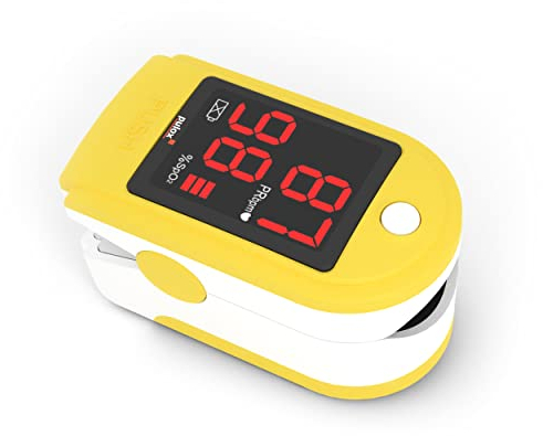 Pulox PO-100 Pulsoximeter mit LED-Anzeige, inkl. Hardcase, Batterien, Schutzhülle, Nylontasche und Trageband Gelb