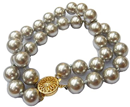 Schmuckwilli 2-reihig Perlenarmband für Damen & Mädchen - 20cm Länge mit 10mm großen grauen runden Perlen - Elegante Armband mit Muschelkernperlen MK Perlen für jeden Anlass - Perlenarmreife Frauen