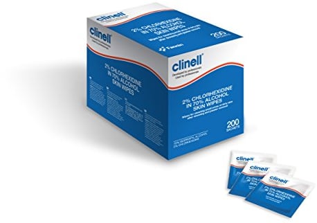 Clinell CA2CSKIN - Alcohol Skin Wipes - 2% Chlorhexidine, 70% Alcohol Wipes - Skin Wipes Designed for Using in Hospitals, Latex Free & Dermatologically Tested - 1 Box of 200 Wipes