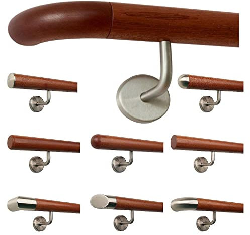 TIBU Mahagoni Holz Geländer Handlauf Treppe Griff gewinkelte Edelstahlhalter, Länge 30-500 cm aus einem Stück, Länge 200 cm mit 3 Halter - Enden Holzkrümmling