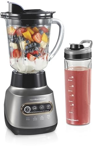 Hamilton Beach Wave Action Blender for Shakes and Smoothies, Stainless Steel Ice Sabre Blades, 40oz Glass Jar, 20oz Blend-In Portable Travel Jar, 800 Watts, Quiet Design, Gray (58181)