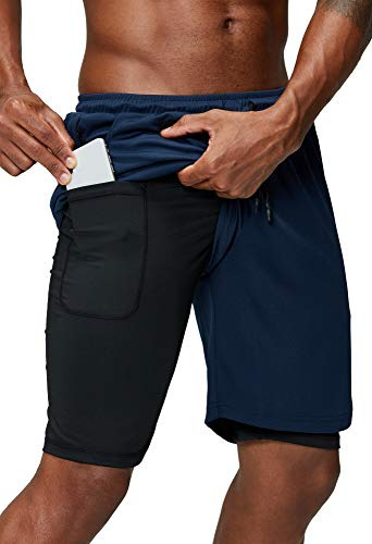 Pinkbomb Men's 2 in 1 Running Shorts Gym Workout Quick Dry Mens Shorts with Phone Pocket, Navy Blue, XX-Large