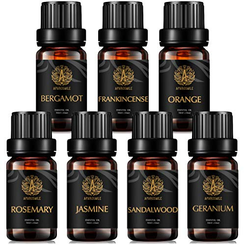 Aromatherapie Bergamotte ätherisches Öl Set für Diffusor, 7x10ml 100% reines Jasmin ätherisches Öl Kit für Luftbefeuchter - Weihrauch, Geranien, Orange, Rosmarin, Sandelholz ätherische Öle Set
