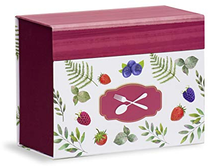 Mareli Scatola Ricettario con 60 schede illustrate da compilare con proprie Ricette e 6 divisori con Disegno pietanze 22,5x11x17, Bordeax