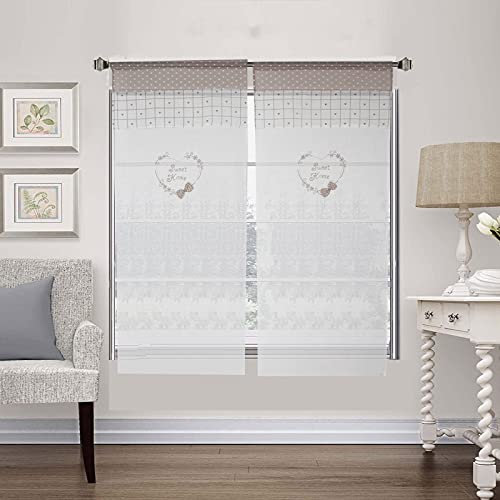 Coppia Tendine Finestra Shabby Chic Cuore in Tessuto Ricamata Sweet Home, Tenda 60x240cm 3D Fiocco Beige Bianco