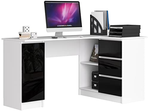 ADGO B20 CLP Computertisch Eckschreibtisch 155x77x85 cm, Schreibtisch, Regal mit Stauraum, Arbeitstisch Bürotisch L-förmiger, Platzsparender (Versand in 2 Paketen) (Recht, Schwarz Glanz)