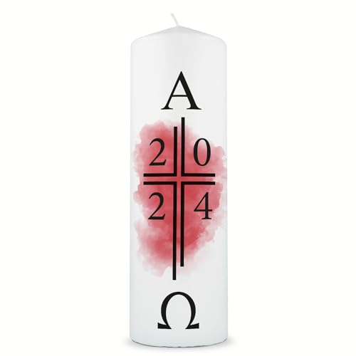 GRAVURZEILE Bedruckte Kerze - Osterkerze Alpha & Omega 2025 - Christliche Kerze mit Alpha & Omega Motiv als Geschenk - Hochwertige Stumpenkerze 250/80 mm - Geschenkidee zu Ostern Ostergeschenk