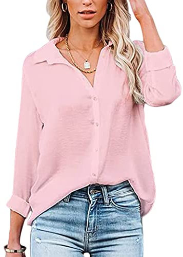 Baynetin Chemisier Femme Manches Longues/Courtes à col en V Blouse Élégant Décontracté avec Boutons Tunique Top du QuotidienTravail Chemises école de Bureau (Rose, XXL)