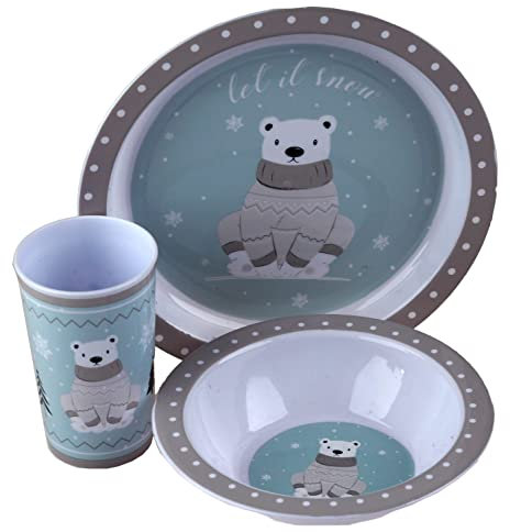 Gem Imports Christmas Polar Bear 3 Piece Melamine Kid's Dinner Set - Plate Bowl Cup