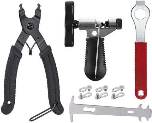 Fahrrad Kettennieter Werkzeug Set, ADEFOL Kettennieter + Kettenprüfer + Kettenzange + 3 Paar Fahrradketten, Kettengliedzange Kettenschloss Fahrräder Kettenglied Reparaturset