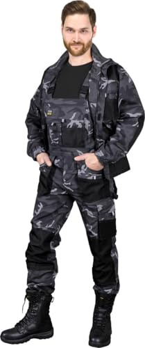 REIS FORECO-B Pantaloni con pettorina da lavoro per uomo | Pantaloni di sicurezza | Cargo | Pantaloni da lavoro | Lavoro | Salopette | Tuta da lavoro | Camouflage-Nero | Taglia: 50