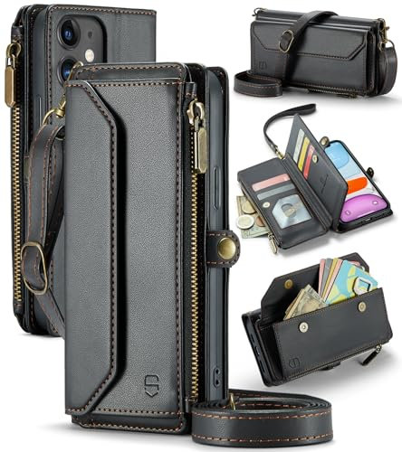 Strapurs for iPhone 11 - Zipper Strap Wallet Case for Women, Black