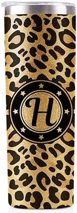 Onebttl Personalised Leopard Print Cup With Initial - Unique Gift for Women - Birthday, Christmas Ideas - 591ml Vacuum Tumbler With Lid and Straw - Glitter - H
