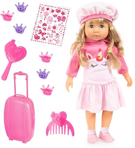 Bayer Design 94635CV Charlene Interactive Poupée parlante à cheveux 90 phrases, 2 poèmes et 8 chansons, 46 cm, avec de nombreux accessoires (français), rose, rose avec licorne