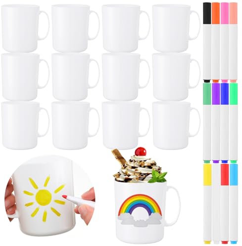 SiliFine 12 Pcs Painted Mug Painting Kit DIY Plastic Personalized Coffee Mug Kit You Can Decorate Paint Your Own Mug Decorating Plain Coffee Mugs for Crafts with Marker for Drinking Planting, 12 oz