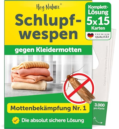 Hey Nature Schlupfwespen gegen Kleidermotten - Komplettkur - 75 Karten | (15 Karten à 5 Lieferungen) | Natürlich & nachhaltig Motten bekämpfen | Effektiver als Mottenfalle & Mottenspray