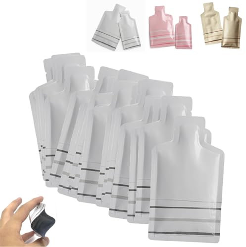 Heat Sealing Shampoo Sample Pouches,100pc Portable Mini Heat Seal Bag, Bottle Shape Open Top Aluminum Foil Pouch with Tear Notch, Portable Travel Packing Divide Bag for Lotion/Shampoo (40g,White)