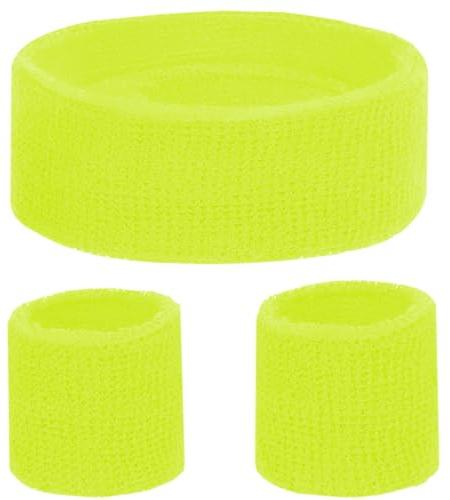 KarneLux Neon Schweißbänder Set - Retro 80er 90er Outfit Vokuhila Zubehör mit Armbänder und Stirnband - Kostüm Accessoire für Damen und Herren (Neon Gelb)