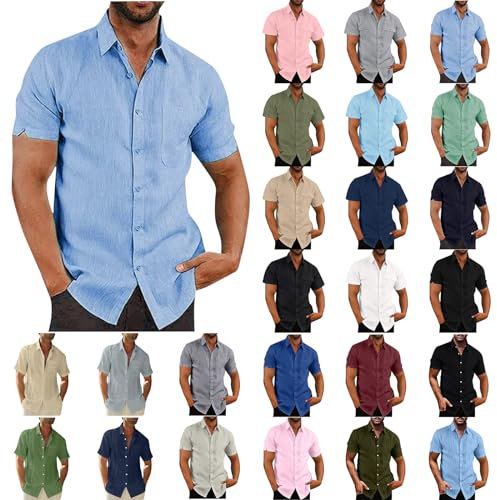 Linen Short Sleeve Button Down Casual Shirts for Men - Summer Hawaiian Solid Henley Blouses with Pocket - Regular Fit Holiday Beach Shirt - Cotton Linen - UK Size 8-22 Clearance