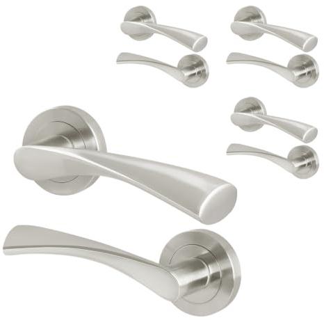 EAI Satin Nickel Door Handles, 4 Pairs Lever on Rose - Novoli | 4 Pairs of Lever on Rose Internal Door Handles, Fixings Included