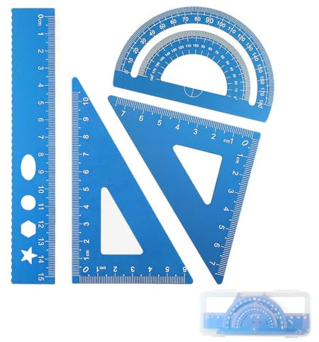 DHWEKU squadrette da Disegno,goniometro Scuola elementare,4 Pezzi Righello in Metallo Set Angoli arrotondati Design di Sicurezza cancelleria Insegnante Studente Matematica Geometria Kit,Blu
