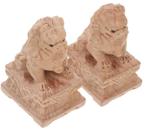 RORPOIR 1 Paar Handgefertigte Löwenstatuen Aus Holz Feng Shui- Einzigartige Geschnitzte Löwen Für Wohnzimmer Büro