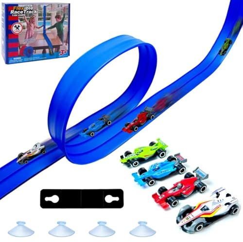 DONGTATA Flexible Autorennbahn Kinder 4M Rennstrecke mit 4 Autos Flexible Race Track mit Saugnäpfen Biegsame Autobahn Kreatives Auto Spielzeug Geschenk geeignet für Jungen und Mädchen (DeepMold-004)