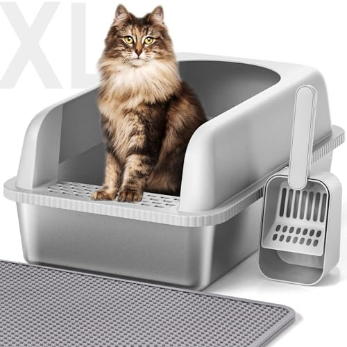 Vailge Cat litter Tray Stainless Steel, Extra Large 28L High-Sided Litter Box with Litter Scoop & Mat, Metal Cat Litter Tray for Large Cats, 60x40x30cm, Single Pack