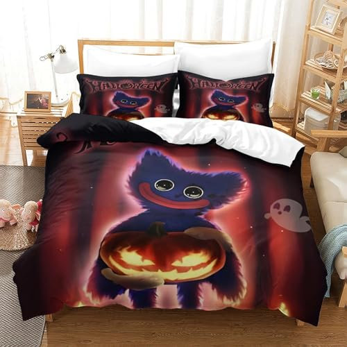 Poppy Playtime Bettwäschegarnitur 3D Gedruckter Horror Games Cartoon Bettbezug Set Für Kinder Mädchen Jungen Reissverschluss Weich Microfaser Bettwäsche Und Kissenbezüge 3 Teilig Super King(260x220cm)