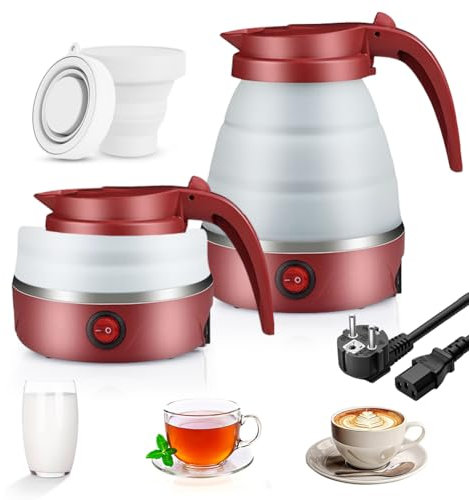 Bouilloire pliable, 0,6 l, bouilloire portable de camping, avec 2 gobelets pliables, bouilloire électrique en silicone avec fond en acier inoxydable 304, bouilloire de voyage en silicone pour camping,