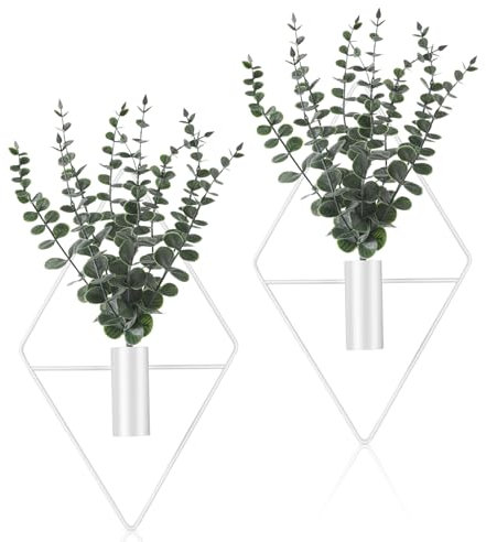 Jexine Hanging Planters with Artificial Eucalyptus Metal Hanging Vase Indoor Plants Holder Modern Geometric Boho Bathroom Wall Decor for Living Room Home Office(White,4 Pcs)