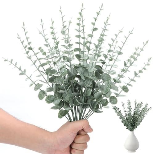 Künstliche Eukalyptusblätter Deko, 30 Stück Künstliche Eukalyptus Zweige Kunstpflanzen Eukalyptusstiel Silberdollar Gefälschte Pflanze für Garten Hochzeit Party Home Dekoration Zubehör 38 cm Grün