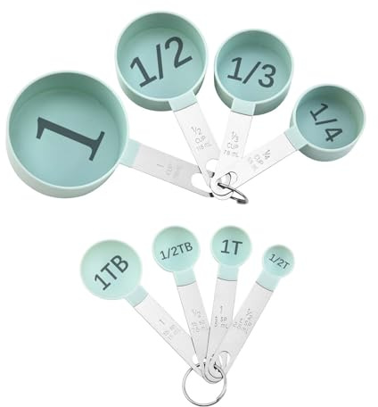 BLEWAY Easy to Read Measuring Cups & Spoons Set for Visually Impaired, Stackable Cups and Spoons, Nesting Measure Cups with Stainless Steel Handle (Blue)