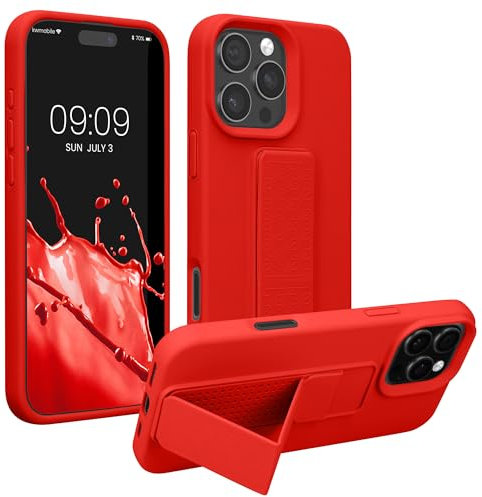 kwmobile Case Compatible with Apple iPhone 16 Pro - Case with Hand Strap and Stand Soft TPU Silicone Coating - Red