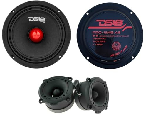 KIT Set pour DS18 avec 2 midrange Pro-GM6.4B 16,5 cm 4 ohm 140 Watts rms 480 Watts Max + 2 tweeters PRO-TW120B 7,9 cm 4 ohm 120 Watts rms 240 Watts Max, pour Voiture, kit Paire