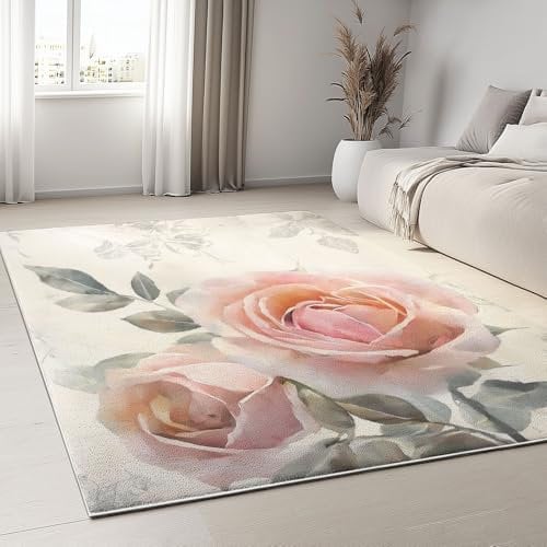 Beige Teppich Vintage Rosen 60x90 cm Dekoration Schlafzimmer Kinderzimmer Wohnzimmer, Modern rutschfest Waschbar Flanell Kinderteppiche Fußmatten