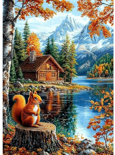 GHHKUD Herbst Landschaft Diamond Painting Set für Erwachsene, Eichhörnchen 5D Diamant Painting Bilder für Erwachsene Anfänger, DIY Full Drill Diamant Malerei Bilder für Dekoration 30x40 CM
