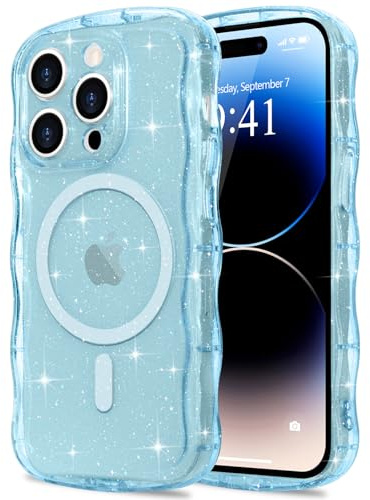 Pepmune Cover Glitter per iPhone 14 Pro Max Compatibile con Magsafe, Blu | Cornice Ondulata Forma Custodia. Brillare Glitter Cover per Donne e Ragazze. Protettiva Sottile Antiurto Case.