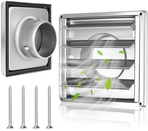 XTDMJ Griglia di ventilazione in acciaio inox da 100 mm con valvola di ritegno, lamelle mobili, zanzariera, tubo VMC e copertura cappa esterna con guarnizione in gomma e viti