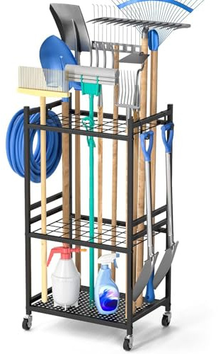 MOOTACO 3-stufig Gartengeräte Ständer, Gartengeräteaufbewahrungsregal | Gartenwerkzeug Organizer,Gerätehalter mit Rollen, gartengeräte halter, Gartengeräteständer