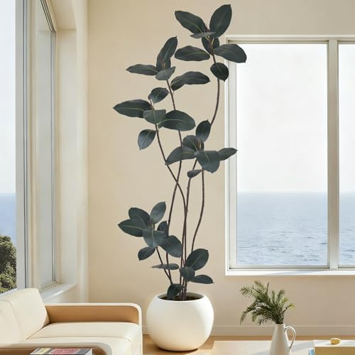 Artificial Rubber Tree 7FT(84in) Tall Faux Trees with Realistic Leaves, Fake Rubber Floor Potted Artificial Plants for Home Office Living Room Indoor Outdoor Decor (7feet,1Pack)