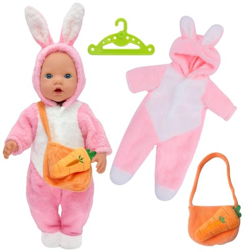 Carreuty Puppen Kleidung für 12-14 Zoll Baby Puppen, Puppenkleidung 43 cm Enthält 1 Rosa Hasen Strampler 1 Karotten 1 Kleiderbügel für 30-35cm Puppen Zubehör Kinder Geschenk