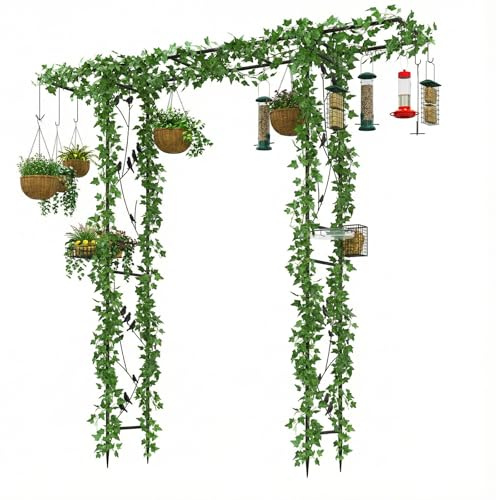 RELAX4LIFE Arche Jardin Métal 2M avec Mangeoire à Oiseaux, Arche avec Treillis pour Plantes Grimpantes, Panier, Crochets, Support pour Rosier Raisin Concombre (Noir)